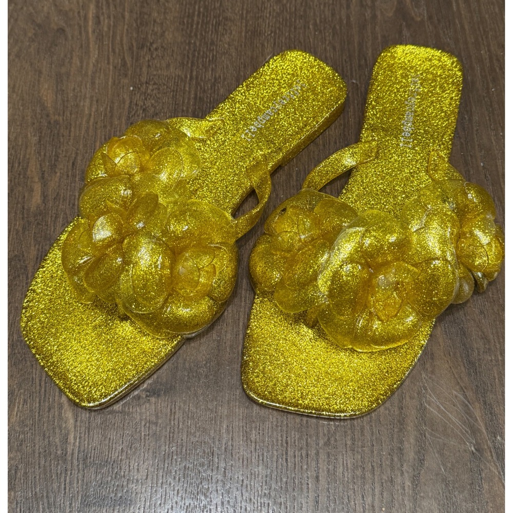 Jeffrey Campbell Glitter Flower Jelly Gold Square‎ Toe SlipOn Sandals Women 7